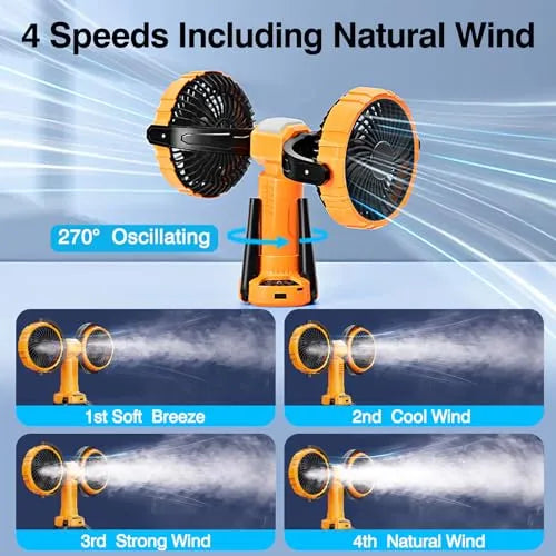 Double Head Camping Fan with LED Light.8000mAh Rechargeable Battery Powered Tripod Tent Fan.270° Oscillating Portable Fan 360° Rotation with Hook for Home.Outdoor.Bedroom.Canopy.Travel.Fishing