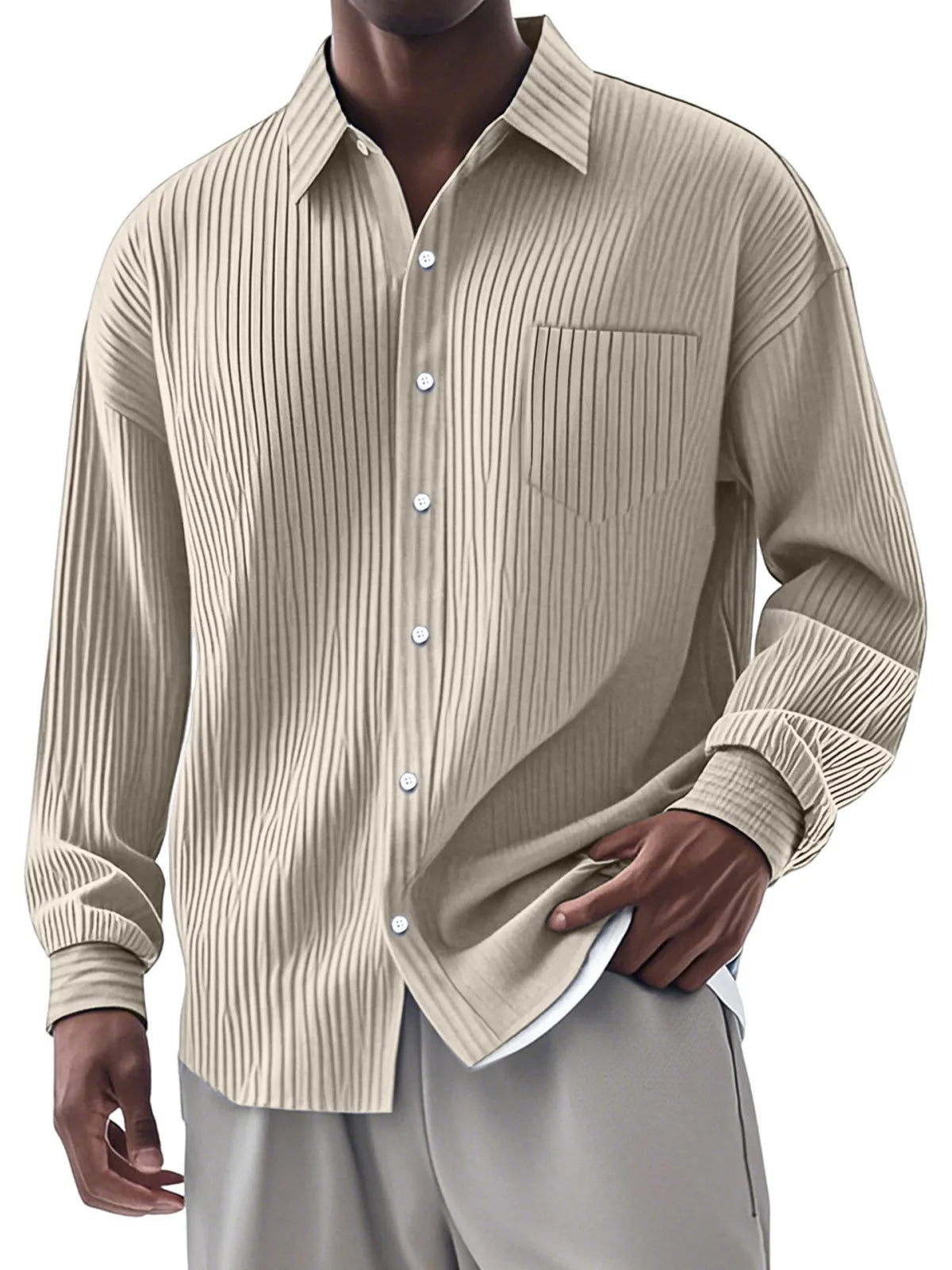 CLEARANCE SALE🔥Men's Casual Simple Vertical Pit Strip Long-sleeved Lapel Shirt